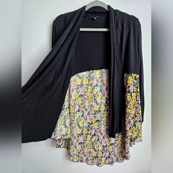 Kim & Cami Floral Micro Pleats Open Front Cardigan Mixed Media Relaxed Fit Sz S - Picture 5 of 9